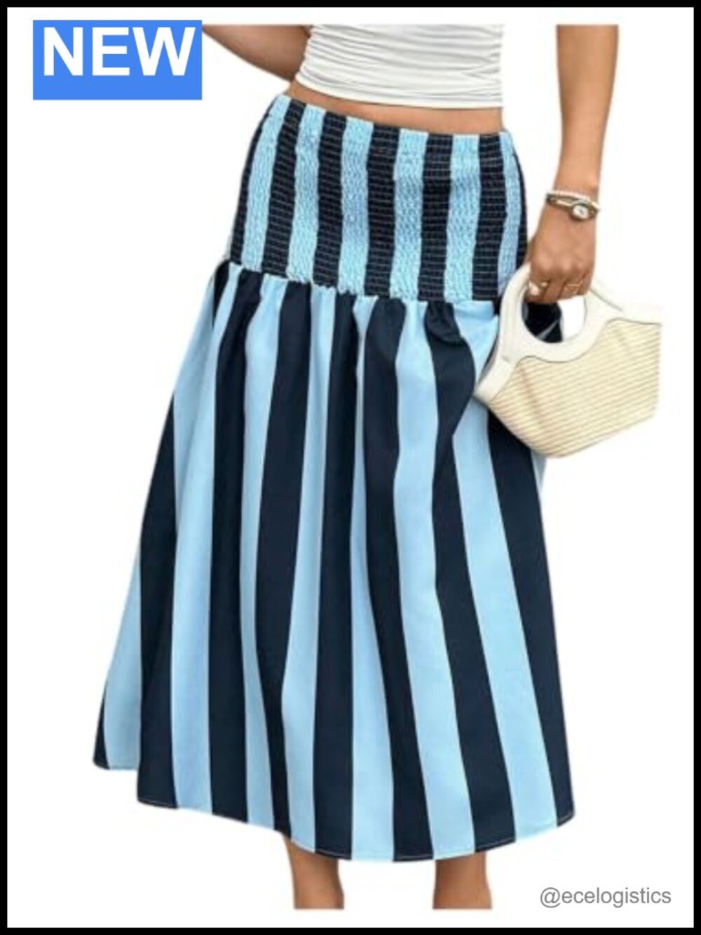Women's Striped Smocked High Waist A Line Flowy Midi Skirt